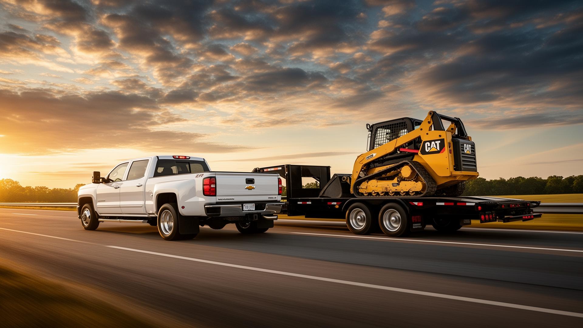 White Chevrolet Silverado 3500 HD dually hauling a skid steer on a gooseneck trailer